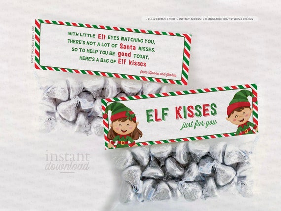 INSTANT DOWNLOAD Elf Kisses Treat Bag Topper Editable