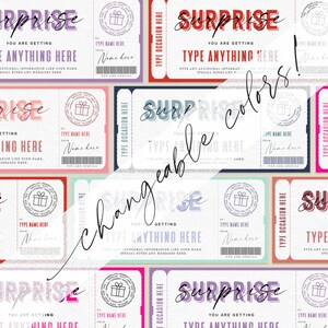 May include: A set of printable gift certificate templates with the word "Surprise" in a colorful, retro font. The templates are designed to be personalized with a name, occasion, and a message. The text "Changeable colors!" is written diagonally across the image.