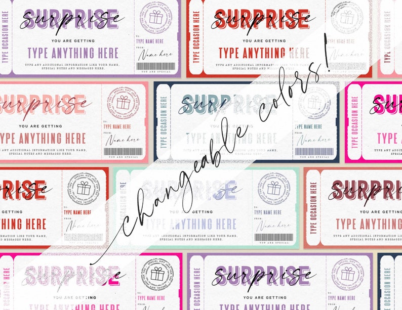 May include: A set of printable gift certificate templates with the word "Surprise" in a colorful, retro font. The templates are designed to be personalized with a name, occasion, and a message. The text "Changeable colors!" is written diagonally across the image.