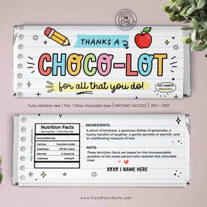 Puede incluir: Envoltorio de barra de chocolate imprimible con un diseño colorido y el texto "¡Gracias por todo lo que haces!" El envoltorio está diseñado para adaptarse a una barra de chocolate de 1,55 oz. El envoltorio también incluye una etiqueta de información nutricional con descripciones humorísticas de los ingredientes.