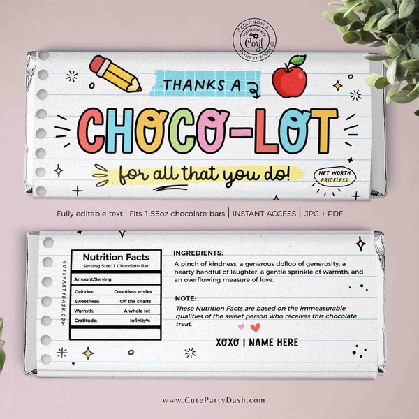 Thanks a Choco-lot for all you do Chocolate Bar Wrapper INSTANT DOWNLOAD Teacher Appreciation Week Gift Idea Coach Staff Printable Candy Bar