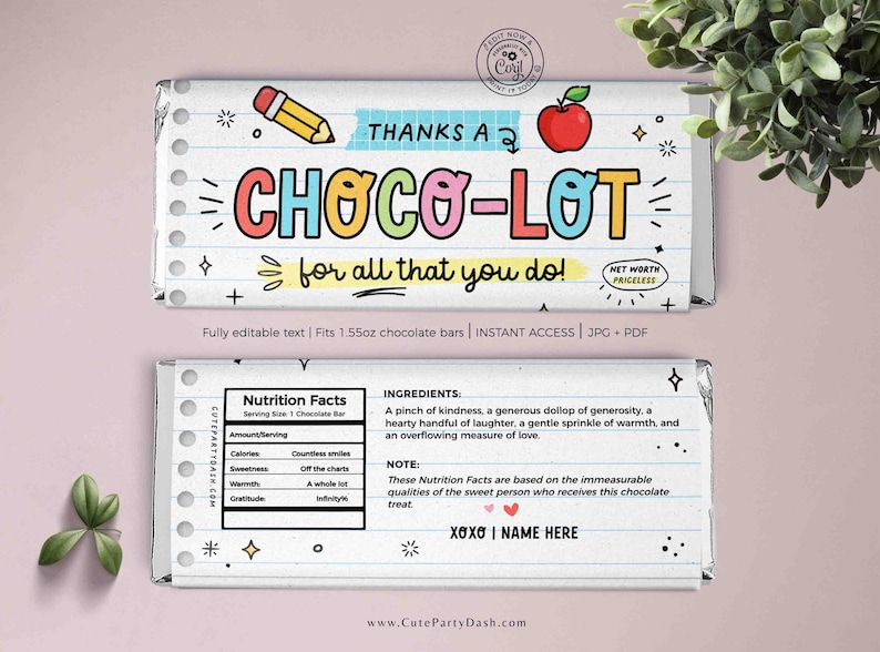 Puede incluir: Envoltorio de barra de chocolate imprimible con un dise&ntilde;o colorido y el texto "&iexcl;Gracias por todo lo que haces!" El envoltorio est&aacute; dise&ntilde;ado para adaptarse a una barra de chocolate de 1,55 oz. El envoltorio tambi&eacute;n incluye una etiqueta de informaci&oacute;n nutricional con descripciones humor&iacute;sticas de los ingredientes.