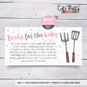 Girl BBQ Baby Shower Books Card: Pink Barbecue Invitation (Digital Download)