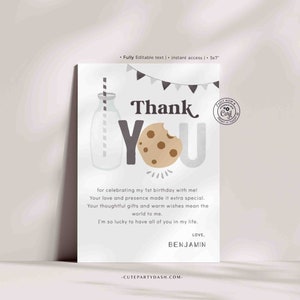 May include: A white thank you card with a milk bottle and a cookie with a bite taken out of it. The text on the card reads "Thank You" and "for celebrating my 1st birthday with me! Your love and presence made it extra special. Your thoughtful gifts and warm wishes mean the world to me. I'm so lucky to have all of you in my life. Love, Benjamin".