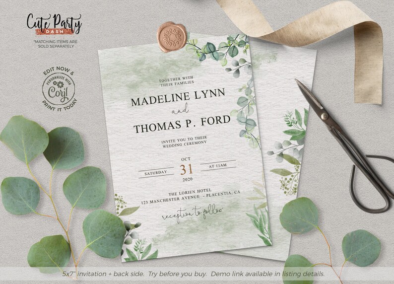 May include: A wedding invitation with a watercolor background featuring eucalyptus leaves and greenery. The invitation is for Madeline Lynn and Thomas P. Ford, and it includes the date, time, and location of the wedding ceremony. The text "reception to follow" is handwritten in cursive.