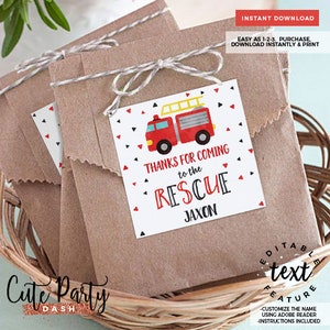May include: Red and black fire truck favor tags with white background. The tags say "Thanks for coming to the rescue Jaxon".