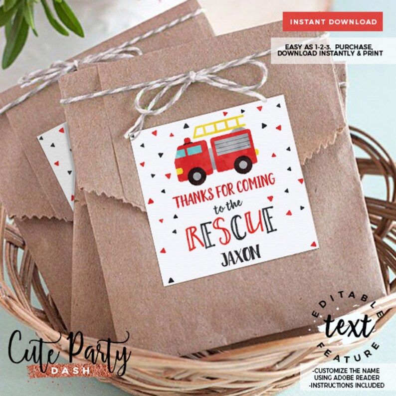 May include: Red and black fire truck favor tags with white background. The tags say "Thanks for coming to the rescue Jaxon".