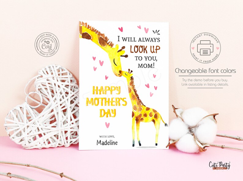 INSTANT DOWNLOAD Editable Giraffe Mother's Day Card - Etsy