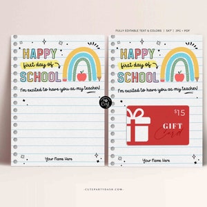 Editable Happy First Day of School Rainbow Gift Card Holder Welcome Back to School Teacher Gift card School Supplies Card INSTANT DOWNLOAD