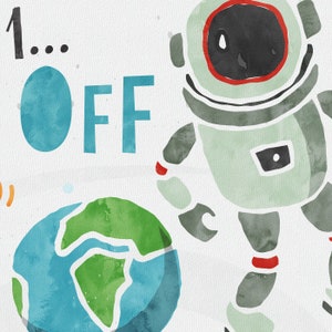 May include: A watercolor illustration of an astronaut with a blue and green earth in the background. The text "1... OFF" is written in blue and white.