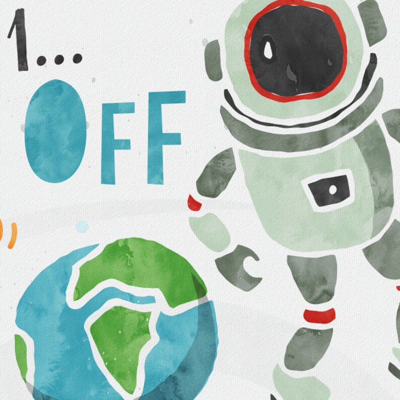 May include: A watercolor illustration of an astronaut with a blue and green earth in the background. The text "1... OFF" is written in blue and white.