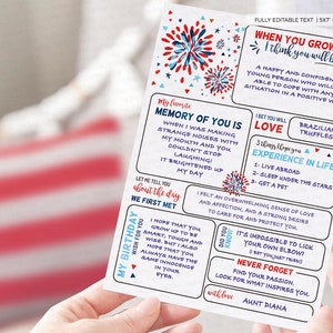 Puede incluir: Una tarjeta imprimible de 12,7 x 17,8 cm con un dise&ntilde;o de fuegos artificiales rojo, blanco y azul. La tarjeta presenta un mensaje para el cumplea&ntilde;os de un ni&ntilde;o con el texto "Cuando crezcas, creo que ser&aacute;s..." y "Mi recuerdo favorito de ti es..." junto con otros datos divertidos y preguntas.