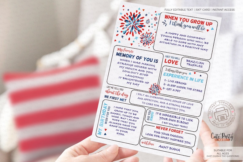 Puede incluir: Una tarjeta imprimible de 12,7 x 17,8 cm con un dise&ntilde;o de fuegos artificiales rojo, blanco y azul. La tarjeta presenta un mensaje para el cumplea&ntilde;os de un ni&ntilde;o con el texto "Cuando crezcas, creo que ser&aacute;s..." y "Mi recuerdo favorito de ti es..." junto con otros datos divertidos y preguntas.