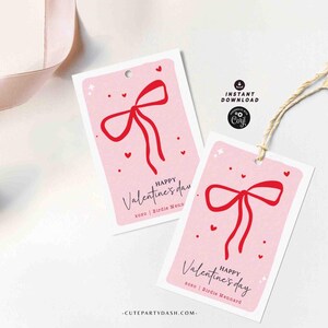 Red Coquette Bow Happy Valentine's Day Gift Tag Printable INSTANT DOWNLOAD Whimsical Teacher Valentines Gift Co worker Team EDITABLE Kids