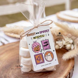 Pu&ograve; includere: Un sacchetto trasparente pieno di marshmallow bianchi, legato con spago e un'etichetta decorativa. L'etichetta recita "Sweet and Spooky Wishes!" e presenta illustrazioni a tema Halloween di una zucca, pipistrelli e un fantasma. Il sacchetto &egrave; su una superficie di legno.