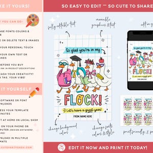 May include: A digital invitation template with a cartoon duck theme. The design features ducks wearing glasses, a graduation cap, and bows, with the text "So glad you're in my FLOCK!" and "Let's have a great year!"