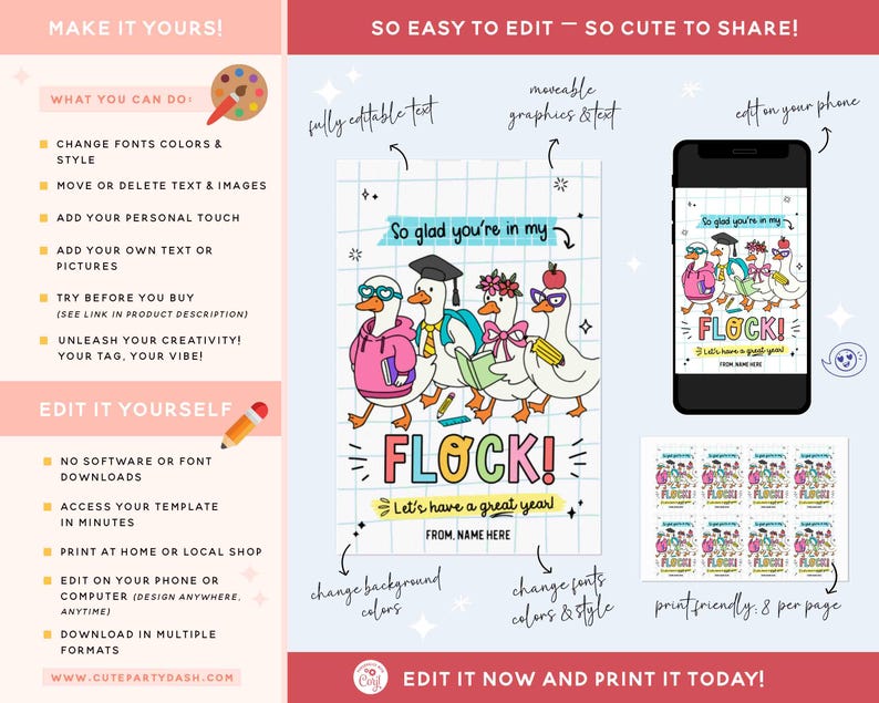 May include: A digital invitation template with a cartoon duck theme. The design features ducks wearing glasses, a graduation cap, and bows, with the text "So glad you're in my FLOCK!" and "Let's have a great year!"
