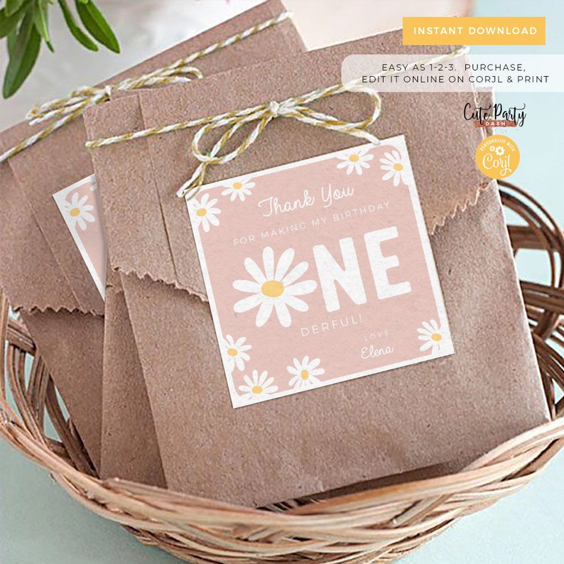 May include: A set of brown paper favor bags with a pink and white daisy-themed thank you tag that says "Thank You for Making My Birthday One Derful! Love Elena".