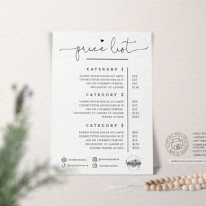 May include: A white price list with a black handwritten title "price list" and a heart symbol. The list is divided into three categories with descriptions and prices for each category. The prices are in US dollars. The bottom of the list includes social media icons and the text "additional social media icons included".