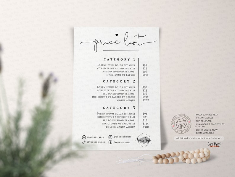 May include: A white price list with a black handwritten title "price list" and a heart symbol. The list is divided into three categories with descriptions and prices for each category. The prices are in US dollars. The bottom of the list includes social media icons and the text "additional social media icons included".