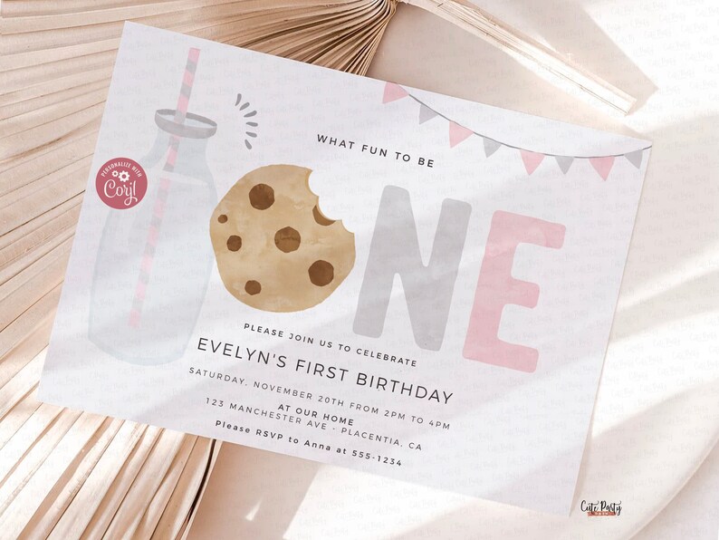 Minimal Milk and Cookies Birthday Girl invitation, INSTANT DOWNLOAD, EDITABLE Minimalist Pink Gray Printable Milk & Cookies Corjl invite