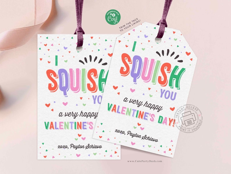 I Squish You a Happy Valentine's Day Treat Tag, Non-Candy Squishy Toy Valentine gift tag, Preschool Classroom Tag, INSTANT DOWNLOAD EDITABLE