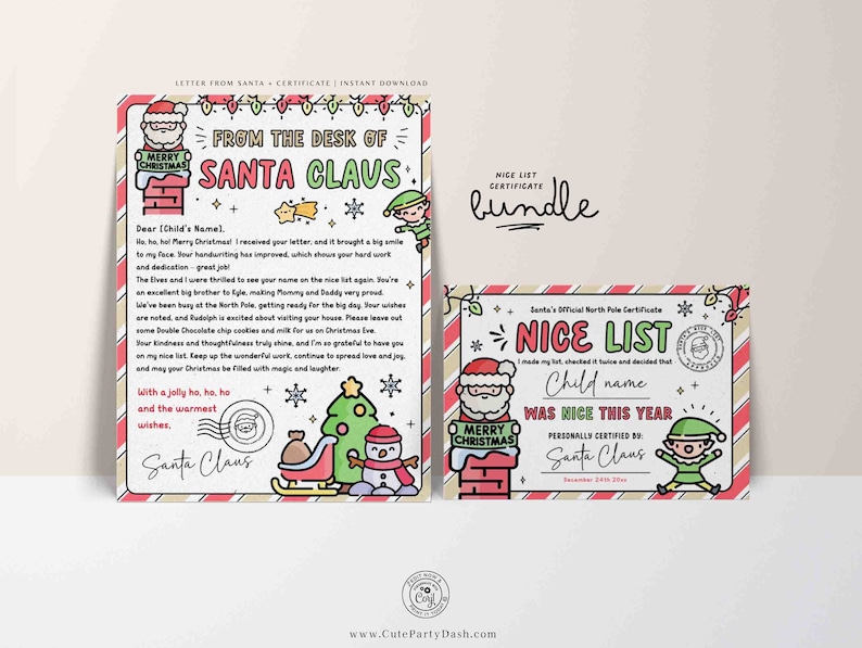 EDITABLE Official Letter from Santa Claus Nice List Certificate Bundle INSTANT DOWNLOAD Christmas eve box Printable Santa North Pole Mail