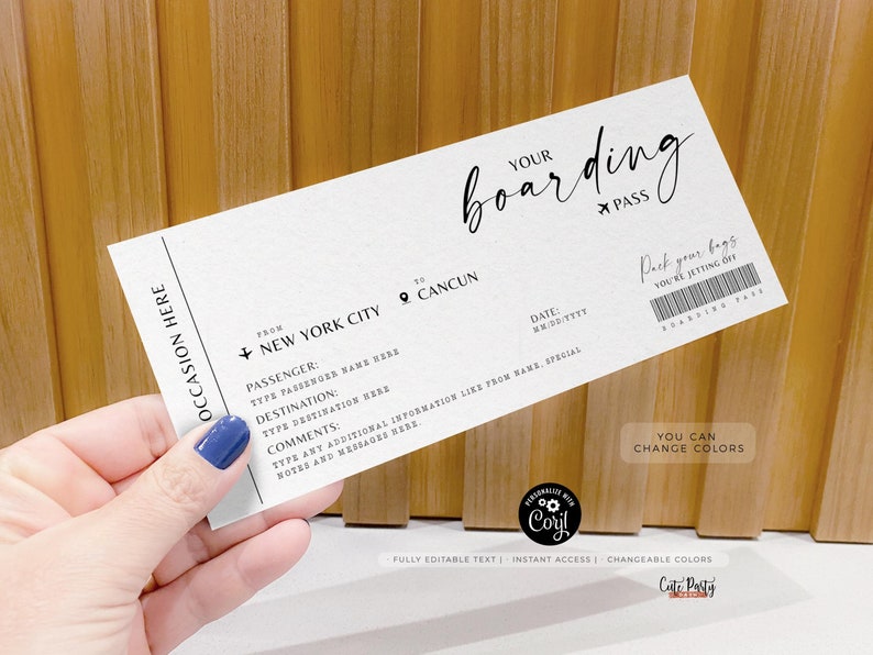 May include: A printable boarding pass template with the text "Your Boarding Pass" and "Pack your bags you're jetting off". The template is designed to be used for a party or event and includes fields for the passenger's name, destination, and date.
