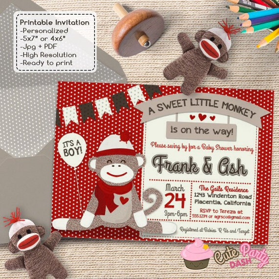 Cute Sock Monkey Baby Shower Invitations Red Sock Monkey Diy Etsy