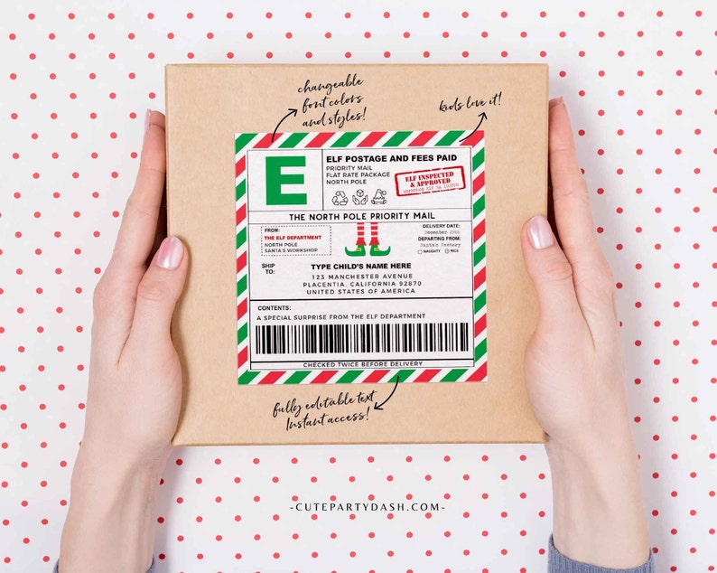EDITABLE Elf North Pole Shipping Labels, Santa Mail, Christmas Mail Sticker From Santa, Package Tag Gift Postage Label
