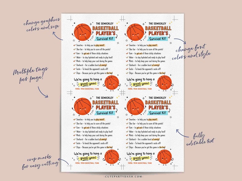 Basketball Survival Kit Tag Printable INSTANT DOWNLOAD Editable Basketball Team Survival Kit Card Good Luck School Sports Player Gift Treat