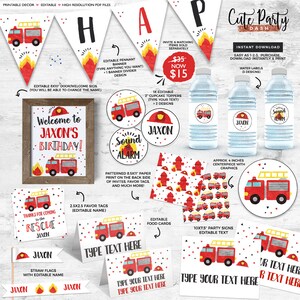 May include: A collection of printable party decorations with a fire truck theme. Includes a banner, welcome sign, cupcake toppers, water bottle labels, favor tags, food cards, and party signs. The color scheme is red, yellow, and black.