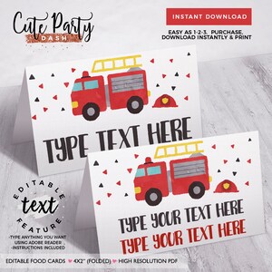 May include: Editable food cards featuring a red fire truck with a ladder and a fireman's hat. The cards are 4x2 inches when folded and are high resolution PDFs. The text on the cards says "Type your text here".