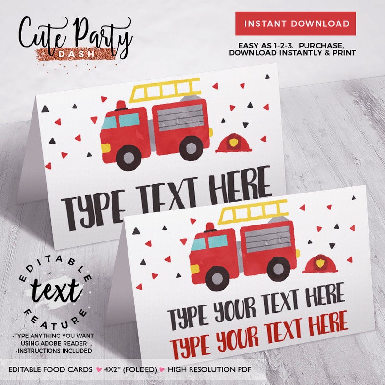 May include: Editable food cards featuring a red fire truck with a ladder and a fireman's hat. The cards are 4x2 inches when folded and are high resolution PDFs. The text on the cards says "Type your text here".