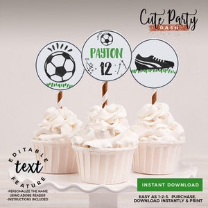 EDITABLE Soccer Birthday Party cupcake toppers