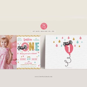 Editable Itsy Bitsy spider First birthday Girl invitation, Pink Teal Gold, INSTANT DOWNLOAD, Printable Itsy Bitsy Spider Birthday Invite