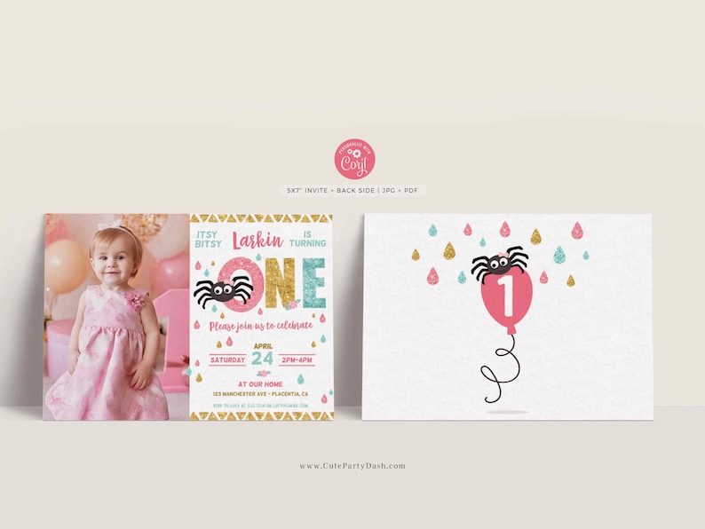 Editable Itsy Bitsy spider First birthday Girl invitation, Pink Teal Gold, INSTANT DOWNLOAD, Printable Itsy Bitsy Spider Birthday Invite