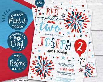 Red White and Two 2nd Birthday Invitation: Stars & Stripes (Digital Download)