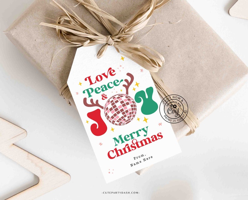 May include: A white gift tag with a red, green and pink design. The tag features the text "Love Peace & Joy" with a disco ball and reindeer antlers. The text "Merry Christmas" is below the design, followed by "From, Name Here".