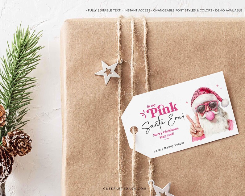 In My Pink Santa Era Christmas Gift Tag Printable INSTANT DOWNLOAD Trendy Retro Christmas Gift Tag –  Cool Santa Holiday Tag for Fun Gifting