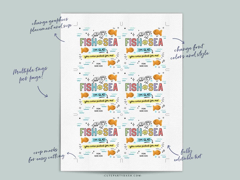 Op de afbeelding: Downloadbare digitale print van vier kleurrijke "Fish Sea I'm Glad You Were Picked For Me!" cadeaulabels. De labels hebben een vis- en zonafbeelding met een witte achtergrond. De tekst is bewerkbaar en kan worden aangepast met verschillende lettertypen, kleuren en formaten.