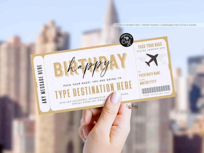 May include: A printable birthday invitation in the form of a boarding pass. The invitation is brown and white with the text "Birthday" in gold letters. The text "Pack your bags! You are going to..." is also included. The invitation is customizable with a destination, passenger name, and date.
