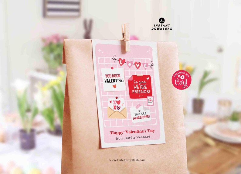 Happy Valentine's Day Classroom Valentine Kids Tag Printable INSTANT DOWNLOAD Teacher Valentines Notes Gift Coworker Team  EDITABLE gift tag