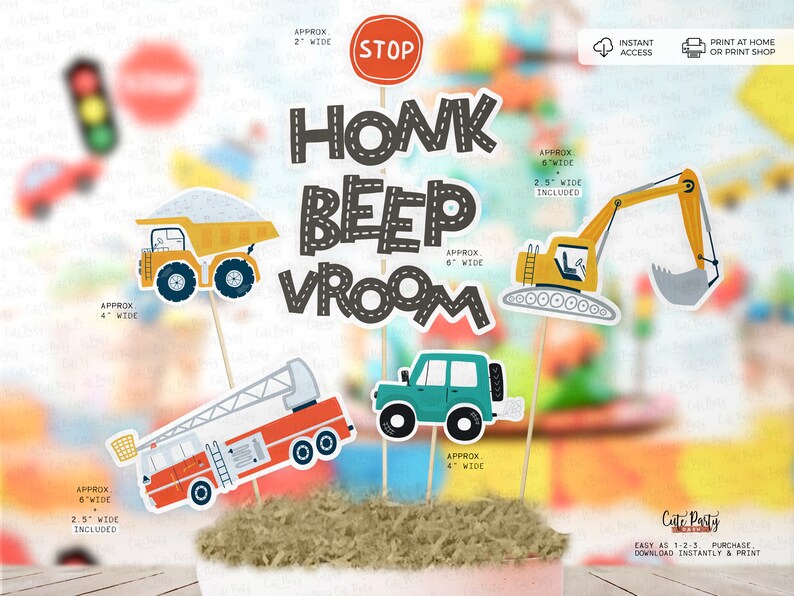May include: A set of six printable construction vehicle themed party decorations. The decorations include a dump truck, a backhoe, a fire truck, a jeep, a stop sign, and a sign that says "Honk Beep Vroom".
