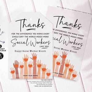 Social Worker's Month Gift Tags Printable INSTANT DOWNLOAD Editable ...