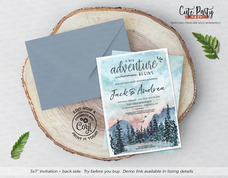 May include: A blue and pink watercolor baby shower invitation with a mountain landscape and the text "A new adventure begins" and "Join us for a baby shower honoring Jack & Andrea".