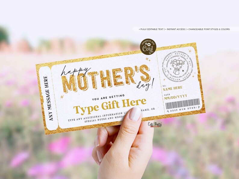 Mother's Day Gift Voucher, Surprise Gift for Mom Certificate Template, Experience Ticket Editable Golden Gift Ticket Coupon INSTANT DOWNLOAD