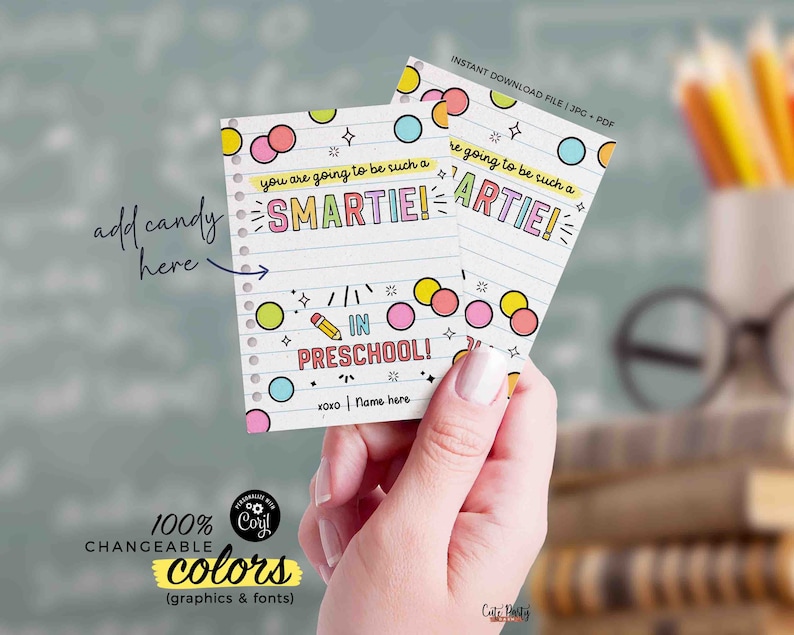 May include: Two printable cards with a school theme. The cards are white with colourful polka dots and a black and white notebook paper background. The text on the cards reads "You are going to be such a SMARTIE!" and "You are going to be such a ARTIE!" The cards also have the text "IN PRESCHOOL!" and "xoxo Name here".