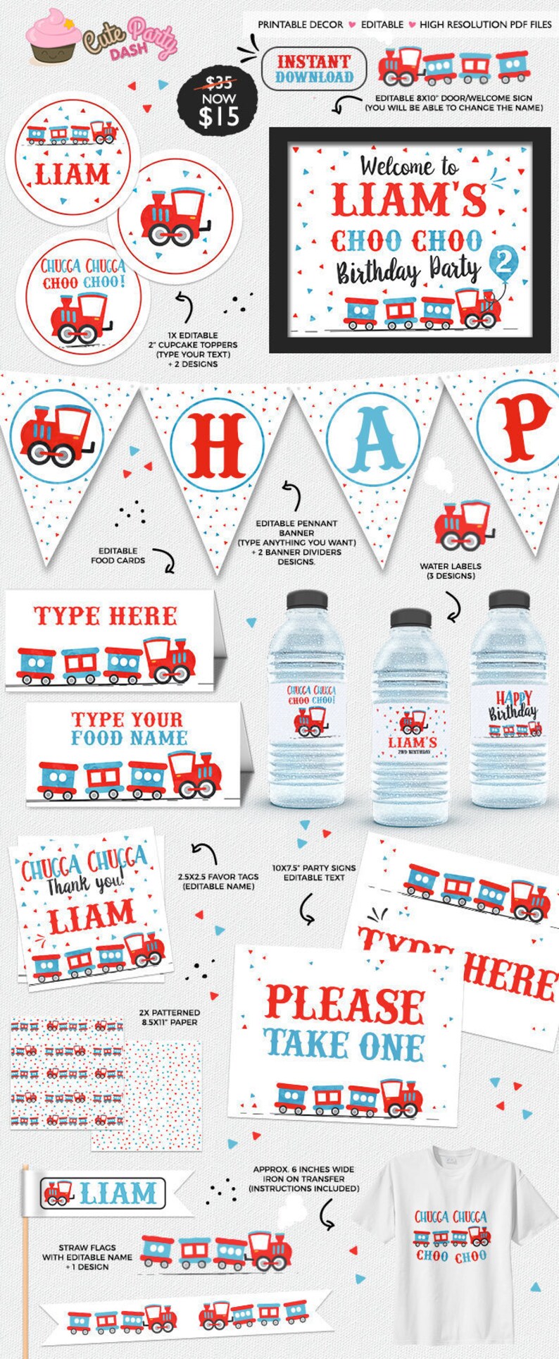 Editable Choo Choo Train Birthday Party decorations INSTANT DOWNLOAD