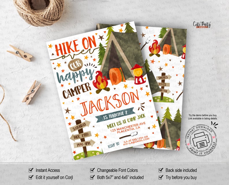 Editable Camping Birthday Party invitation, Camp out printable invite, Camping birthday decor, birthday invitations instant download 479 image 1